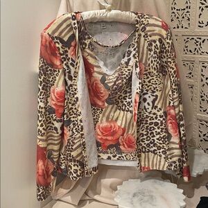 St. John Sport by Marie Gray Rose and Leopard Print Button cardigan and shell